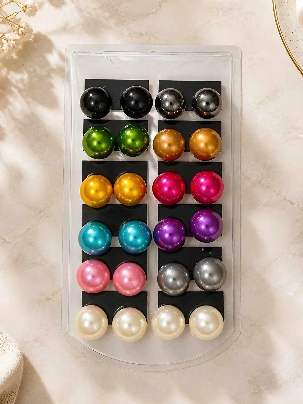 Kids Multi-Color Pearl Stud Earrings Set - 12 Pairs